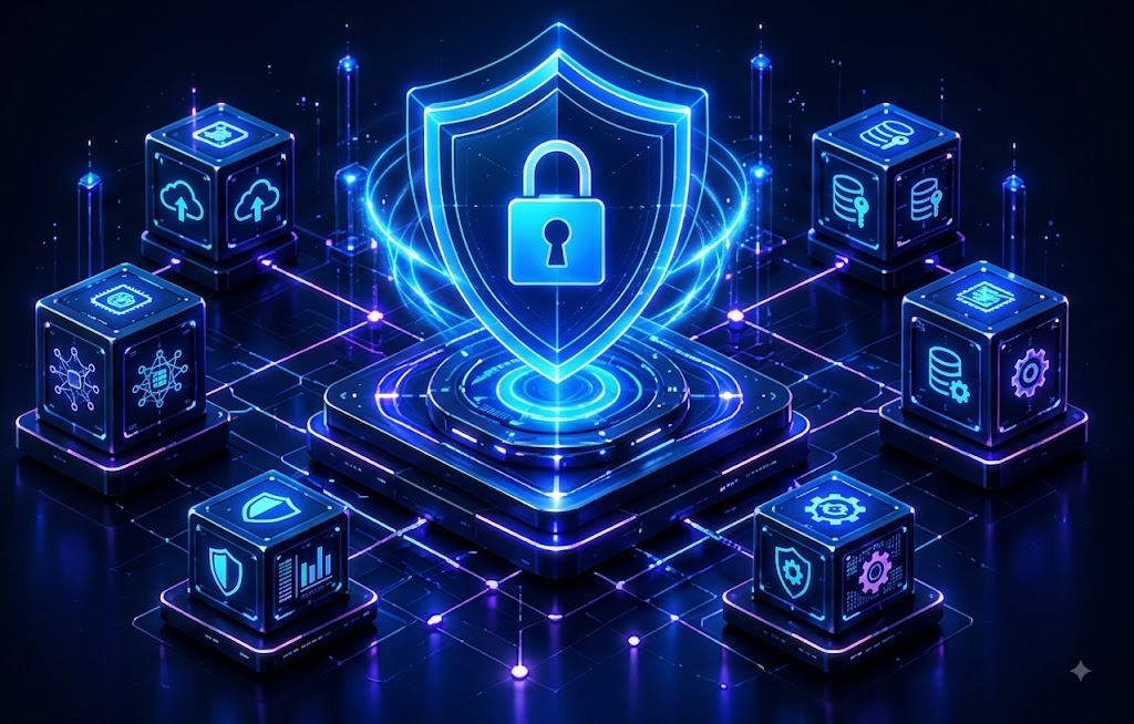 Futuristic digital banking security illustration